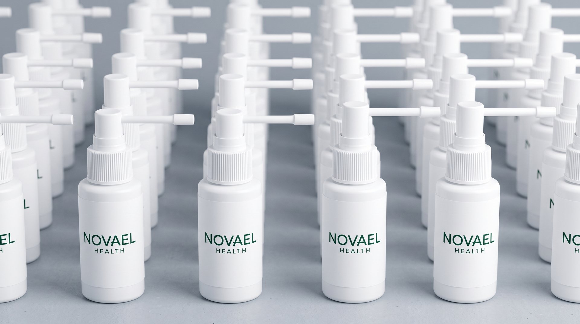 Aligned rows of Novael Health Minoxidil 5% bottles from a production run